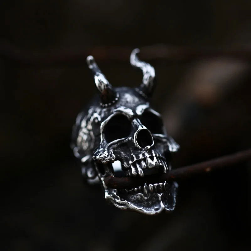 Horned Satanic Skull Ring Mens - Stainless Steel Silver - Unisex - That Rock Aesthetic