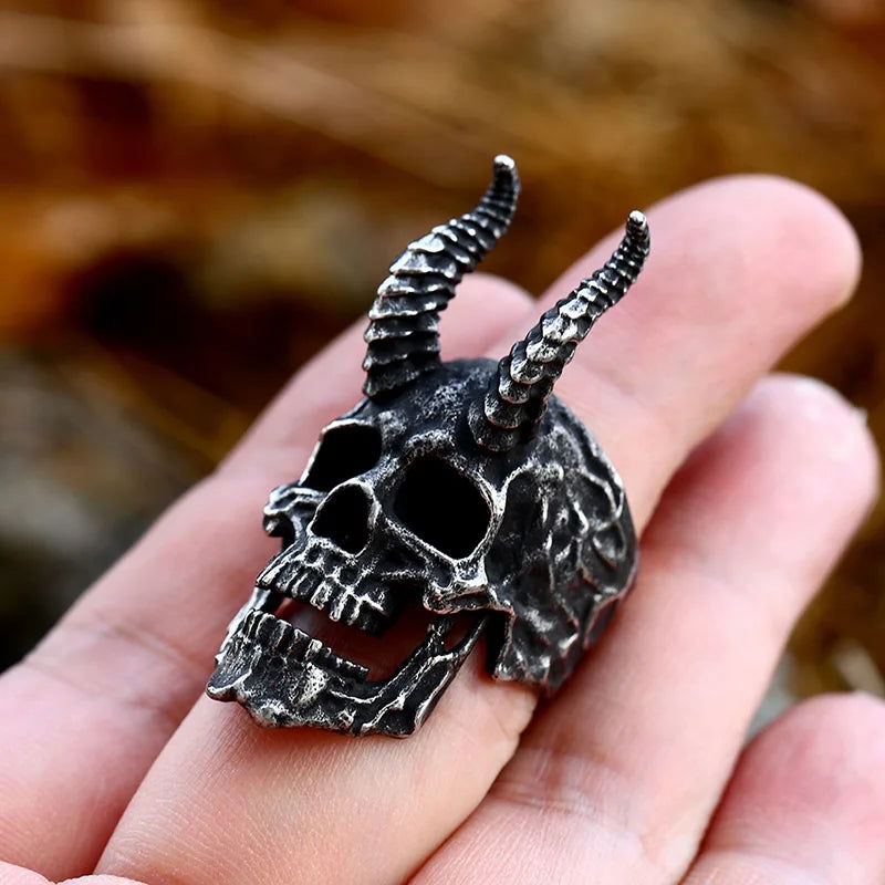 Horned Satanic Skull Ring Mens - Stainless Steel Silver - Unisex - That Rock Aesthetic
