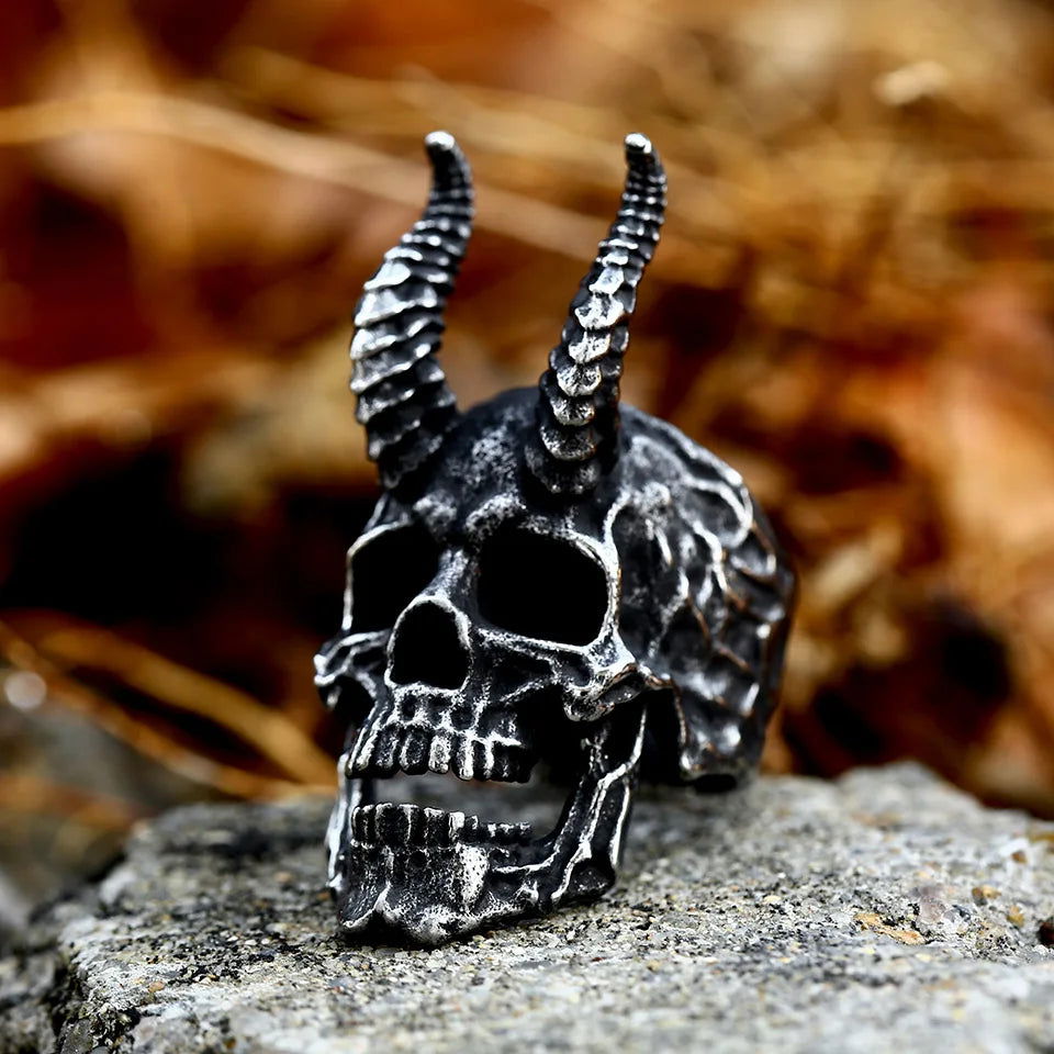 Horned Satanic Skull Ring Mens - Stainless Steel Silver - Unisex - That Rock Aesthetic