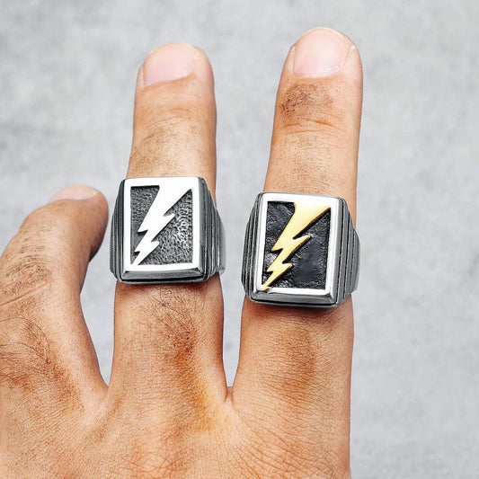 Lightning Bolt Square Mens Signet Ring - Stainless Steel Silver & Gold - Unisex - That Rock Aesthetic