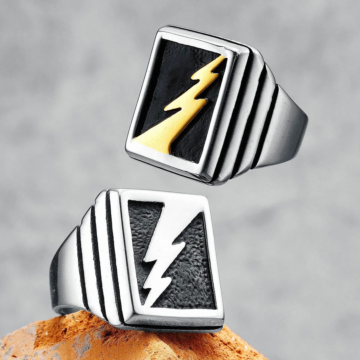 Lightning Bolt Square Mens Signet Ring - Stainless Steel Silver & Gold - Unisex - That Rock Aesthetic