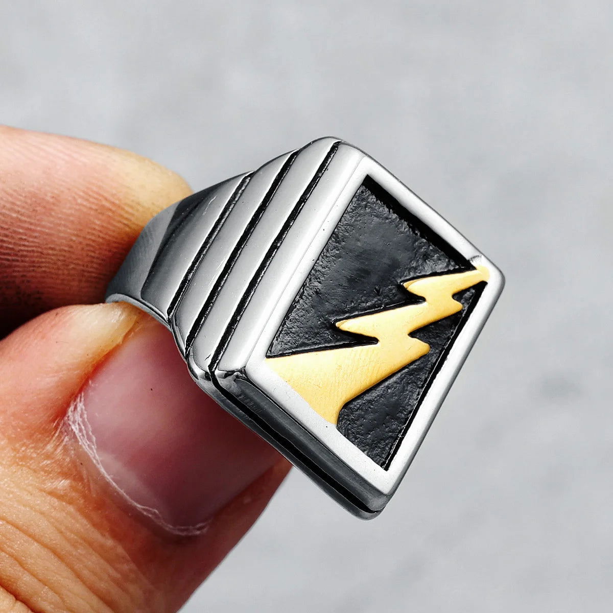 Lightning Bolt Square Mens Signet Ring - Stainless Steel Silver & Gold - Unisex - That Rock Aesthetic
