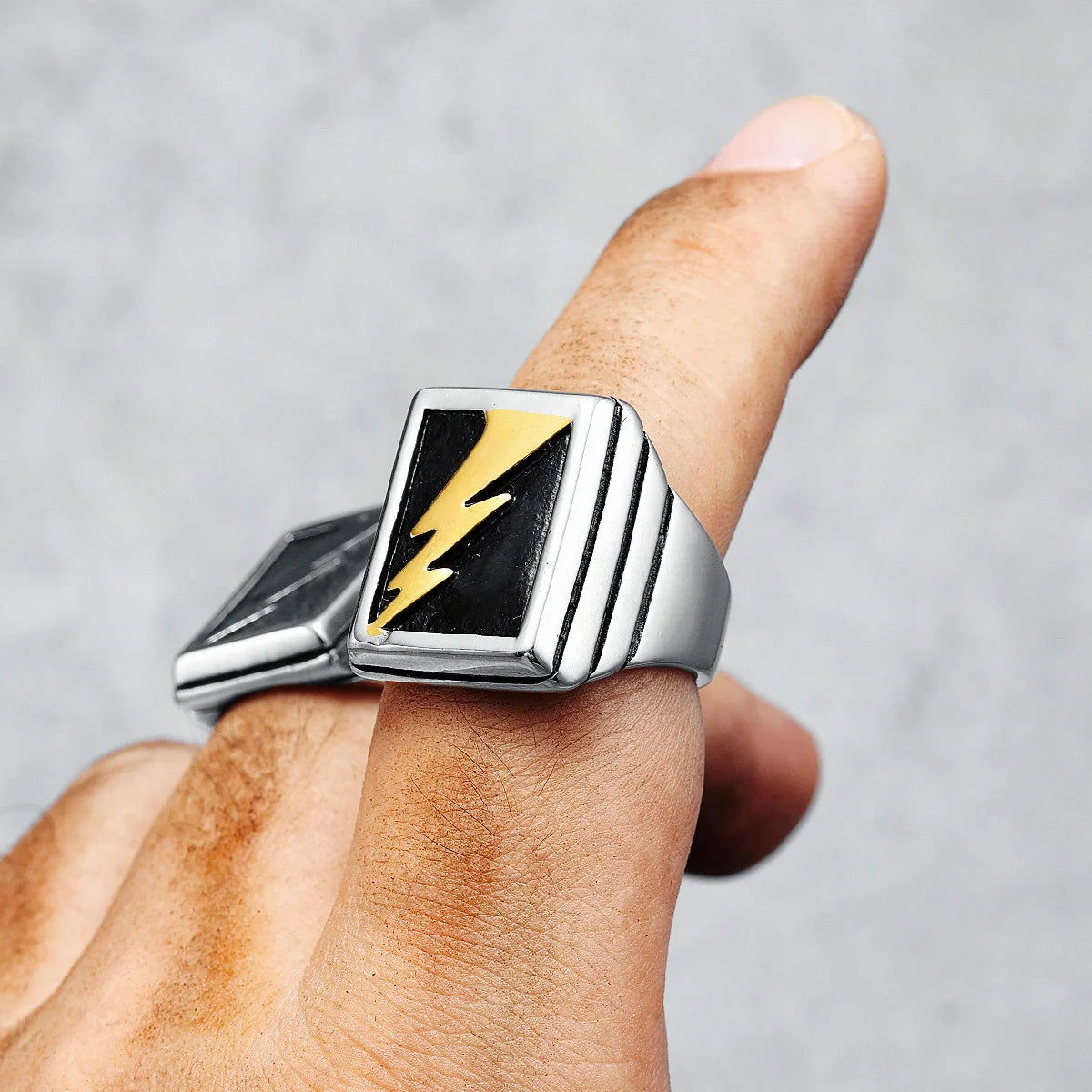 Lightning Bolt Square Mens Signet Ring - Stainless Steel Silver & Gold - Unisex - That Rock Aesthetic