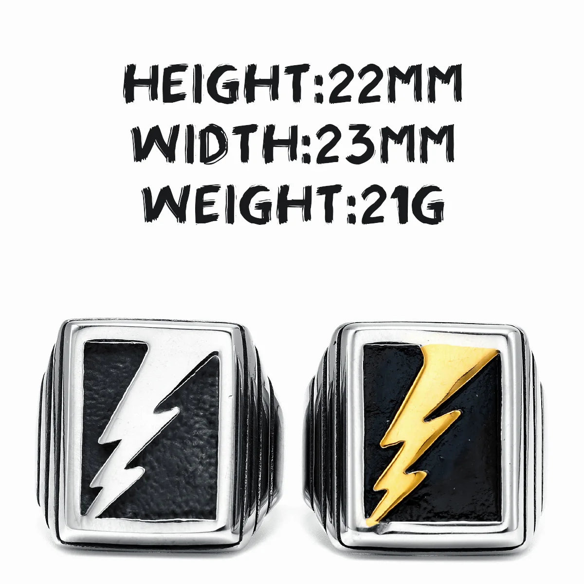 Lightning Bolt Square Mens Signet Ring - Stainless Steel Silver & Gold - Unisex - That Rock Aesthetic