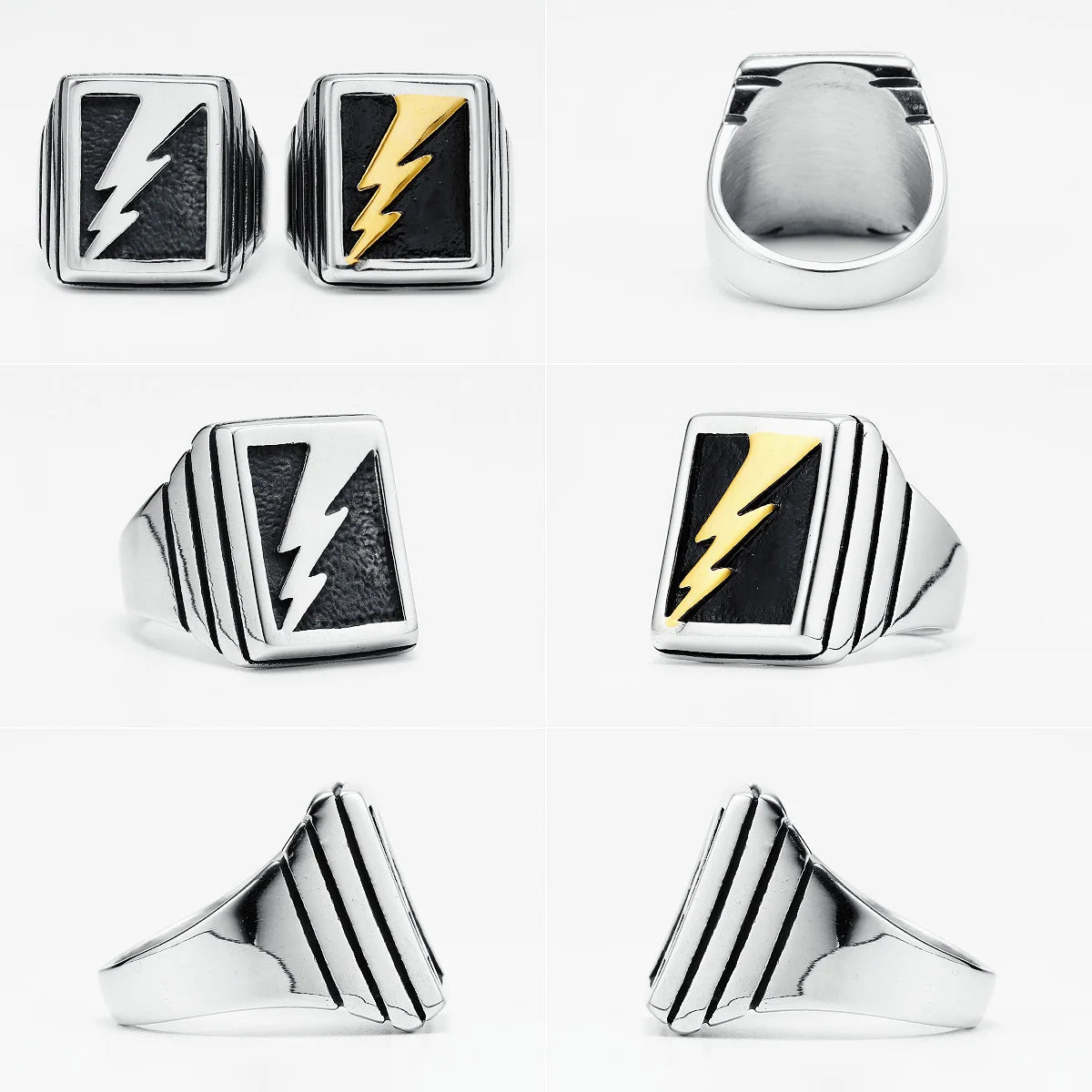 Lightning Bolt Square Mens Signet Ring - Stainless Steel Silver & Gold - Unisex - That Rock Aesthetic