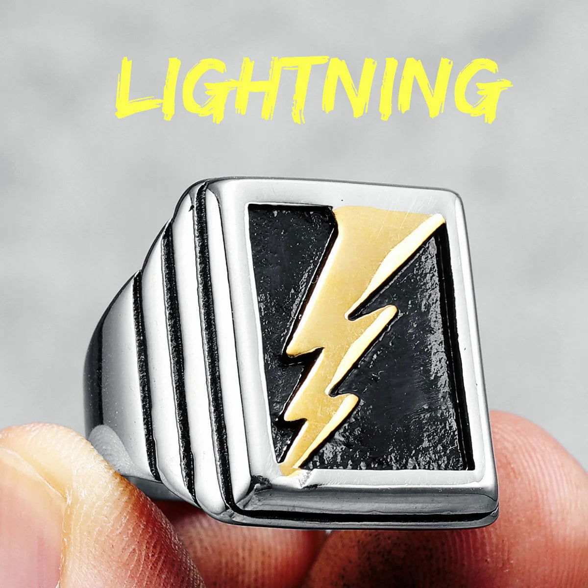 Lightning Bolt Square Mens Signet Ring - Stainless Steel Silver & Gold - Unisex - That Rock Aesthetic
