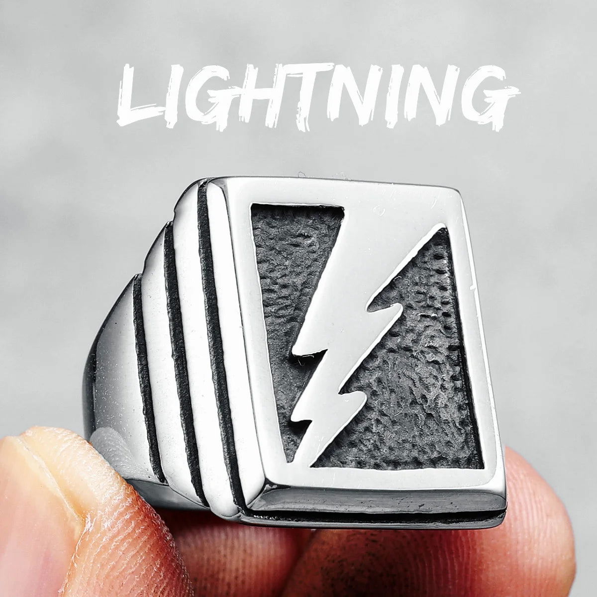 Lightning Bolt Square Mens Signet Ring - Stainless Steel Silver & Gold - Unisex - That Rock Aesthetic