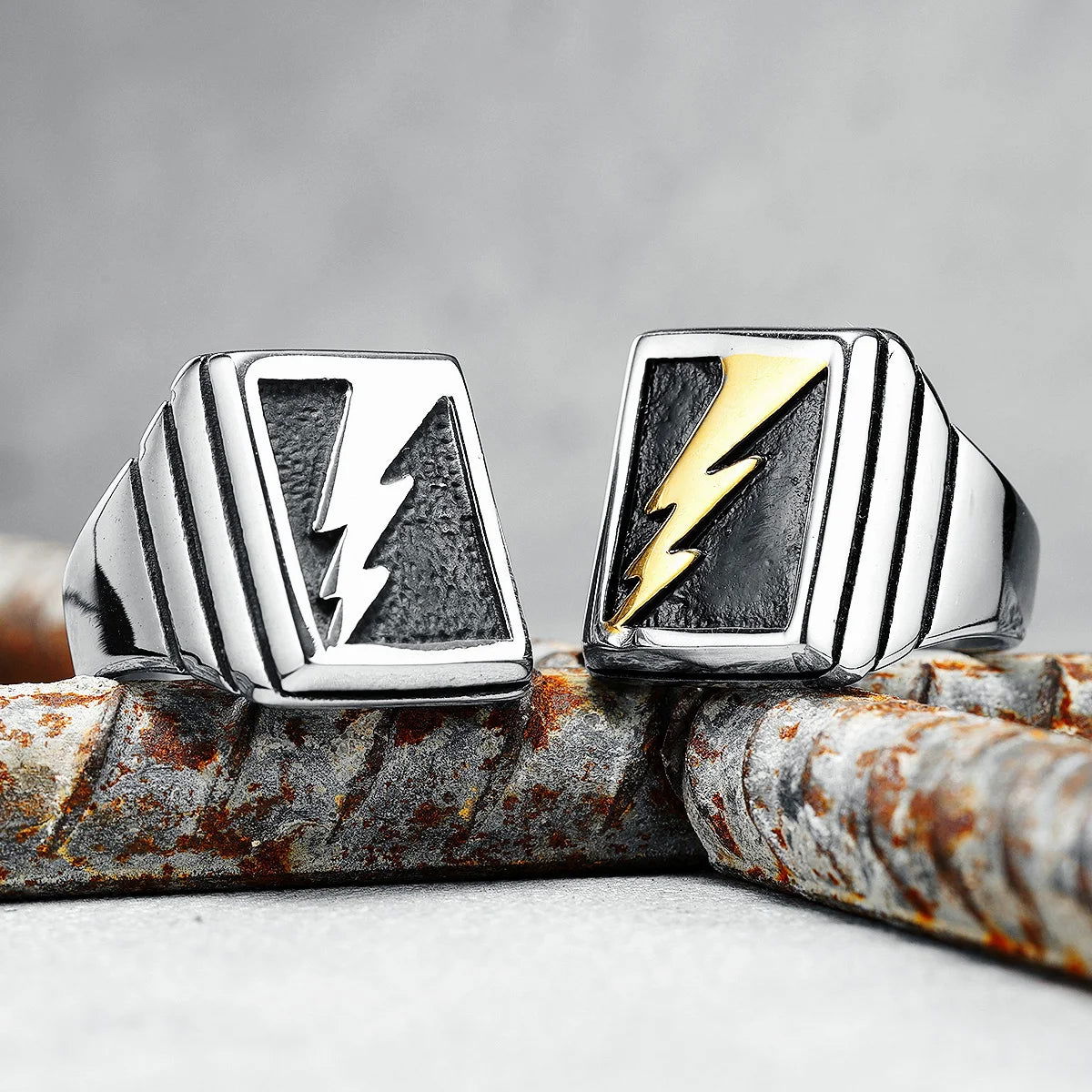 Lightning Bolt Square Mens Signet Ring - Stainless Steel Silver & Gold - Unisex - That Rock Aesthetic