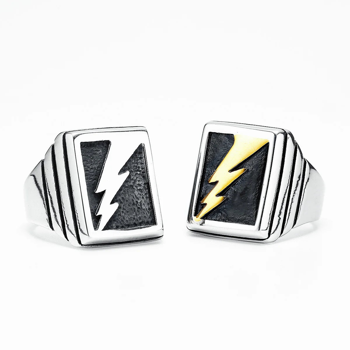 Lightning Bolt Square Mens Signet Ring - Stainless Steel Silver & Gold - Unisex - That Rock Aesthetic