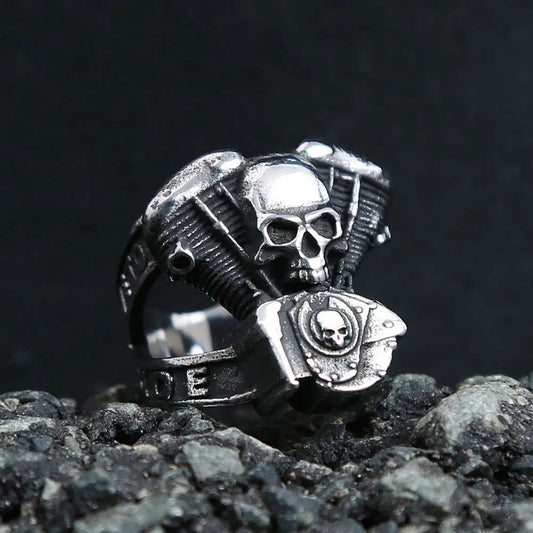 Live to Ride Motorcycle Skull Mens Biker Ring - Stainless Steel Silver - Unisex - That Rock Aesthetic