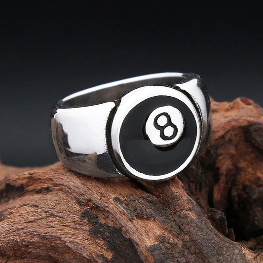 Lucky Magic 8 Ball Ring Mens Pool Billiards - Stainless Steel Silver & Black - Unisex - That Rock Aesthetic