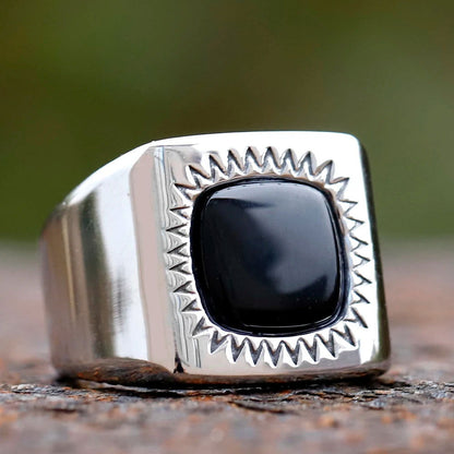 Mens Black Onyx Sun Gemstone Ring Biker Boho - Stainless Steel Silver - Unisex - That Rock Aesthetic