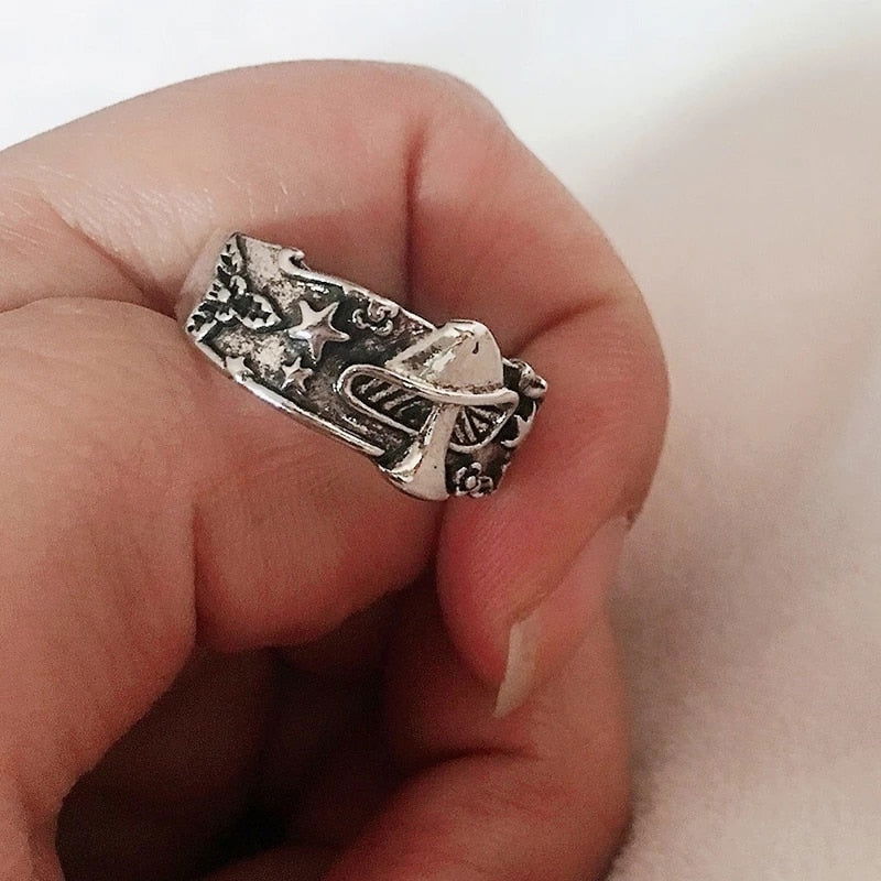 Boho Hippie Silver Mushroom Ring with Stars - Unisex - That Rock Aesthetic