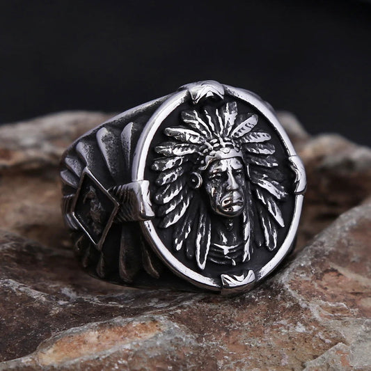 Native American Indian Chief Mens Signet Ring - Stainless Steel Silver - Unisex - That Rock Aesthetic
