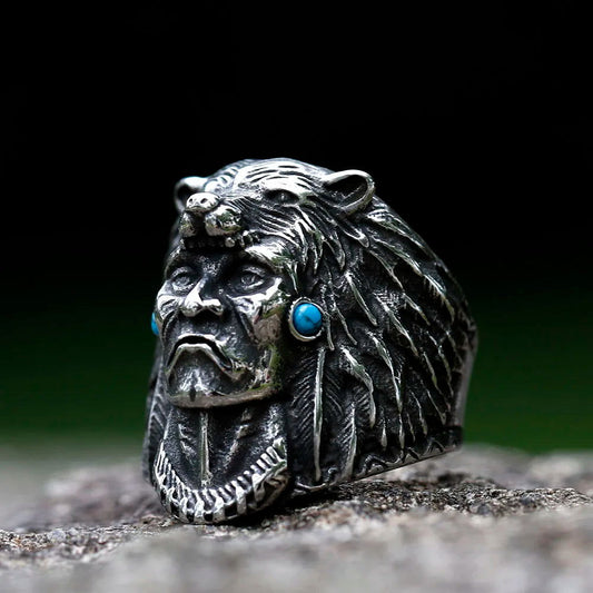 Native American Indian Chief Ring with Bear Headdress Mens Turquoise Ring - Stainless Steel Silver - Unisex - That Rock Aesthetic