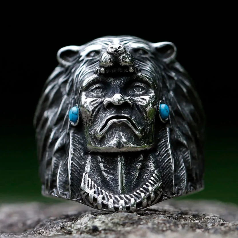 Native American Indian Chief Ring with Bear Headdress Mens Turquoise Ring - Stainless Steel Silver - Unisex - That Rock Aesthetic