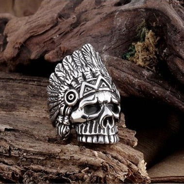 Navajo Native American Skull Indian Chief Ring Mens - Stainless Steel Silver - Unisex - That Rock Aesthetic