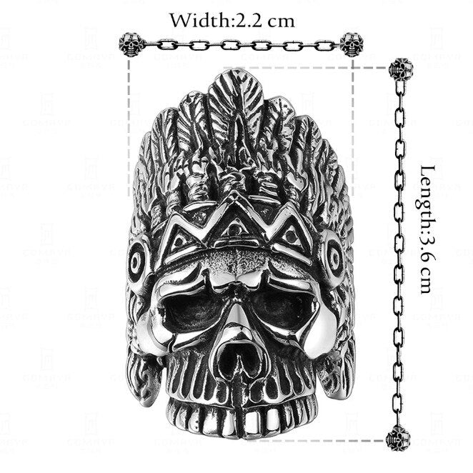 Navajo Native American Skull Indian Chief Ring Mens - Stainless Steel Silver - Unisex - That Rock Aesthetic