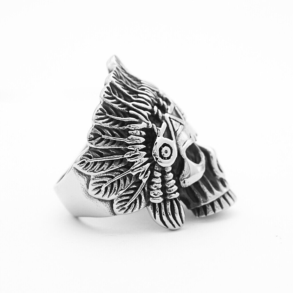 Navajo Native American Skull Indian Chief Ring Mens - Stainless Steel Silver - Unisex - That Rock Aesthetic