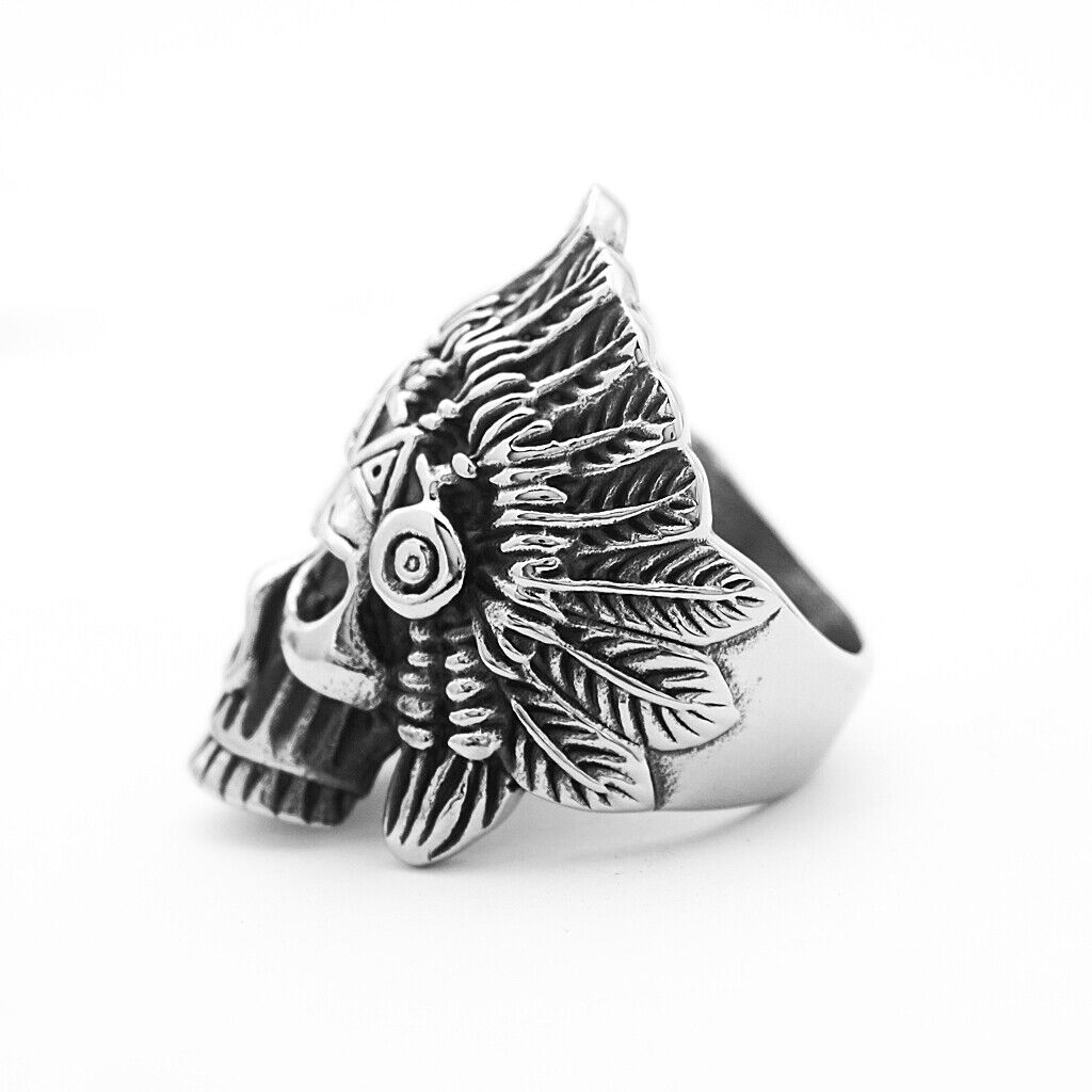 Navajo Native American Skull Indian Chief Ring Mens - Stainless Steel Silver - Unisex - That Rock Aesthetic