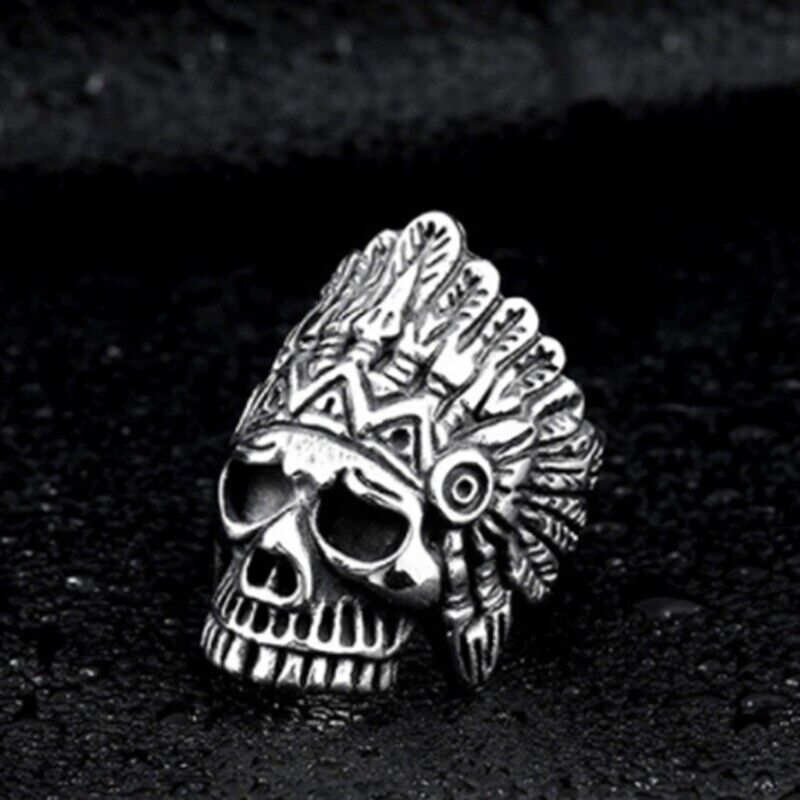 Navajo Native American Skull Indian Chief Ring Mens - Stainless Steel Silver - Unisex - That Rock Aesthetic