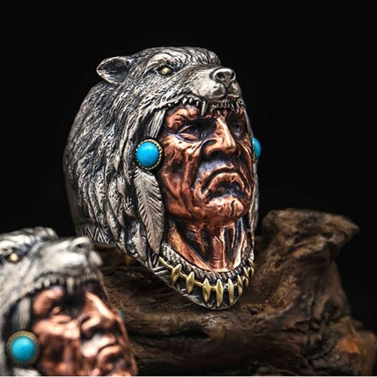 Turquoise Bear Native American Indian Chief Ring Mens - Silver, Gold, Bronze & Turquoise - Unisex - That Rock Aesthetic