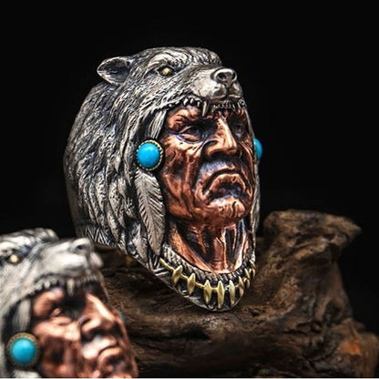 Turquoise Bear Native American Indian Chief Ring Mens - Silver, Gold, Bronze & Turquoise - Unisex - That Rock Aesthetic