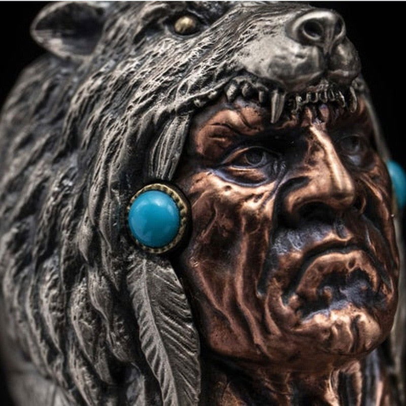 Turquoise Bear Native American Indian Chief Ring Mens - Silver, Gold, Bronze & Turquoise - Unisex - That Rock Aesthetic