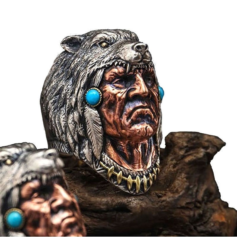 Turquoise Bear Native American Indian Chief Ring Mens - Silver, Gold, Bronze & Turquoise - Unisex - That Rock Aesthetic