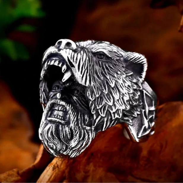 Norse Bear Viking Ring Mens - Stainless Steel Silver - Unisex - That Rock Aesthetic