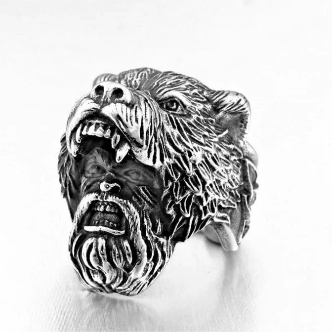 Norse Bear Viking Ring Mens - Stainless Steel Silver - Unisex - That Rock Aesthetic