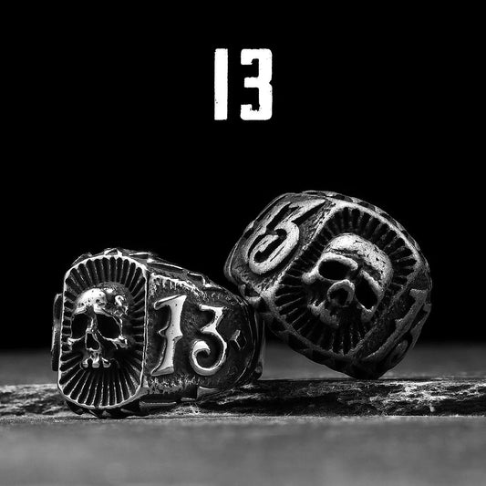 Number 13 Mens Skull Ring Thirteen - Stainless Steel Silver & Black - Unisex - That Rock Aesthetic
