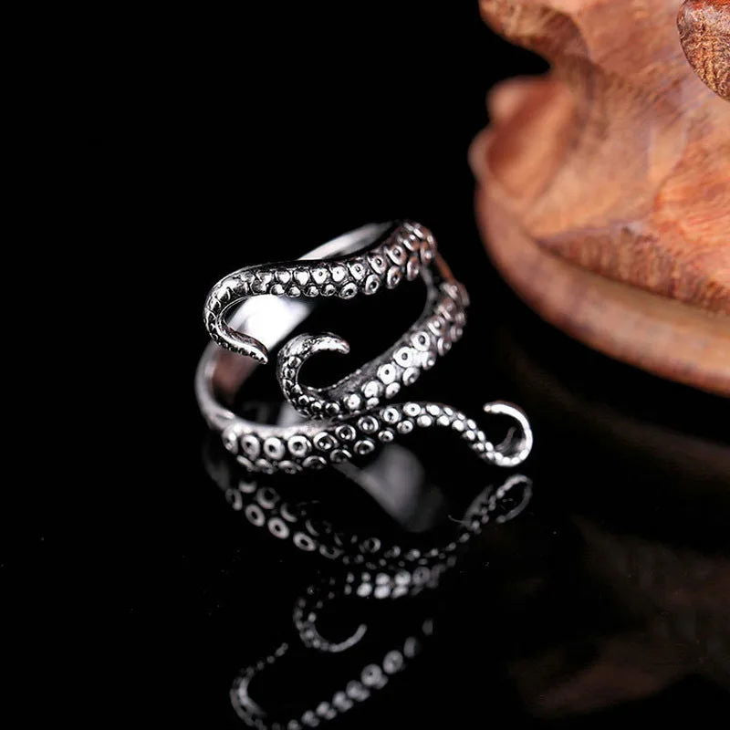 Octopus Tentacle Mens Ring - Titanium Steel Silver - Unisex - Adjustable - That Rock Aesthetic