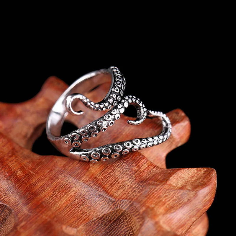 Octopus Tentacle Mens Ring - Titanium Steel Silver - Unisex - Adjustable - That Rock Aesthetic