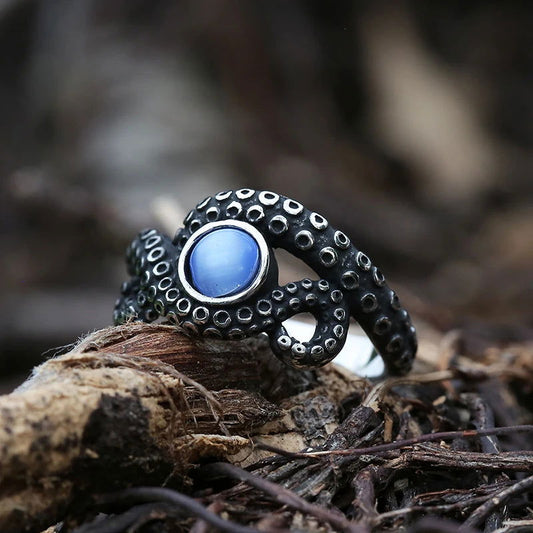 Octopus Tentacle Mens Turquoise Ring - Stainless Steel Silver - Unisex - That Rock Aesthetic