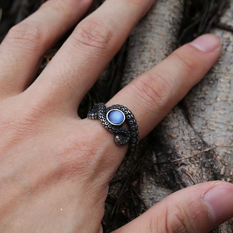 Octopus Tentacle Mens Turquoise Ring - Stainless Steel Silver - Unisex - That Rock Aesthetic