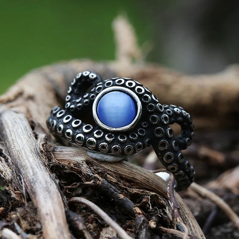 Octopus Tentacle Mens Turquoise Ring - Stainless Steel Silver - Unisex - That Rock Aesthetic