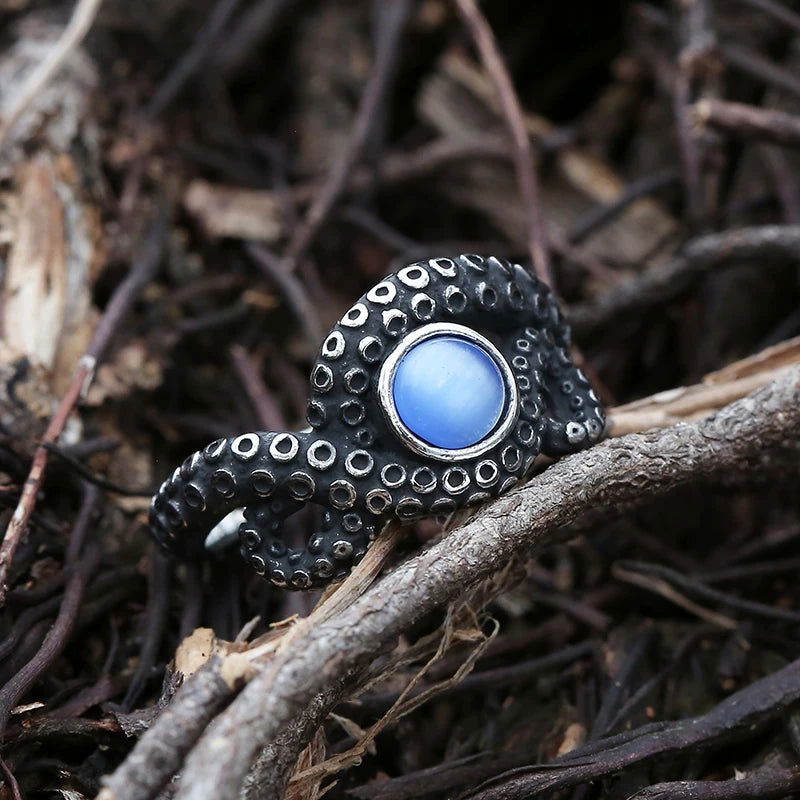 Octopus Tentacle Mens Turquoise Ring - Stainless Steel Silver - Unisex - That Rock Aesthetic