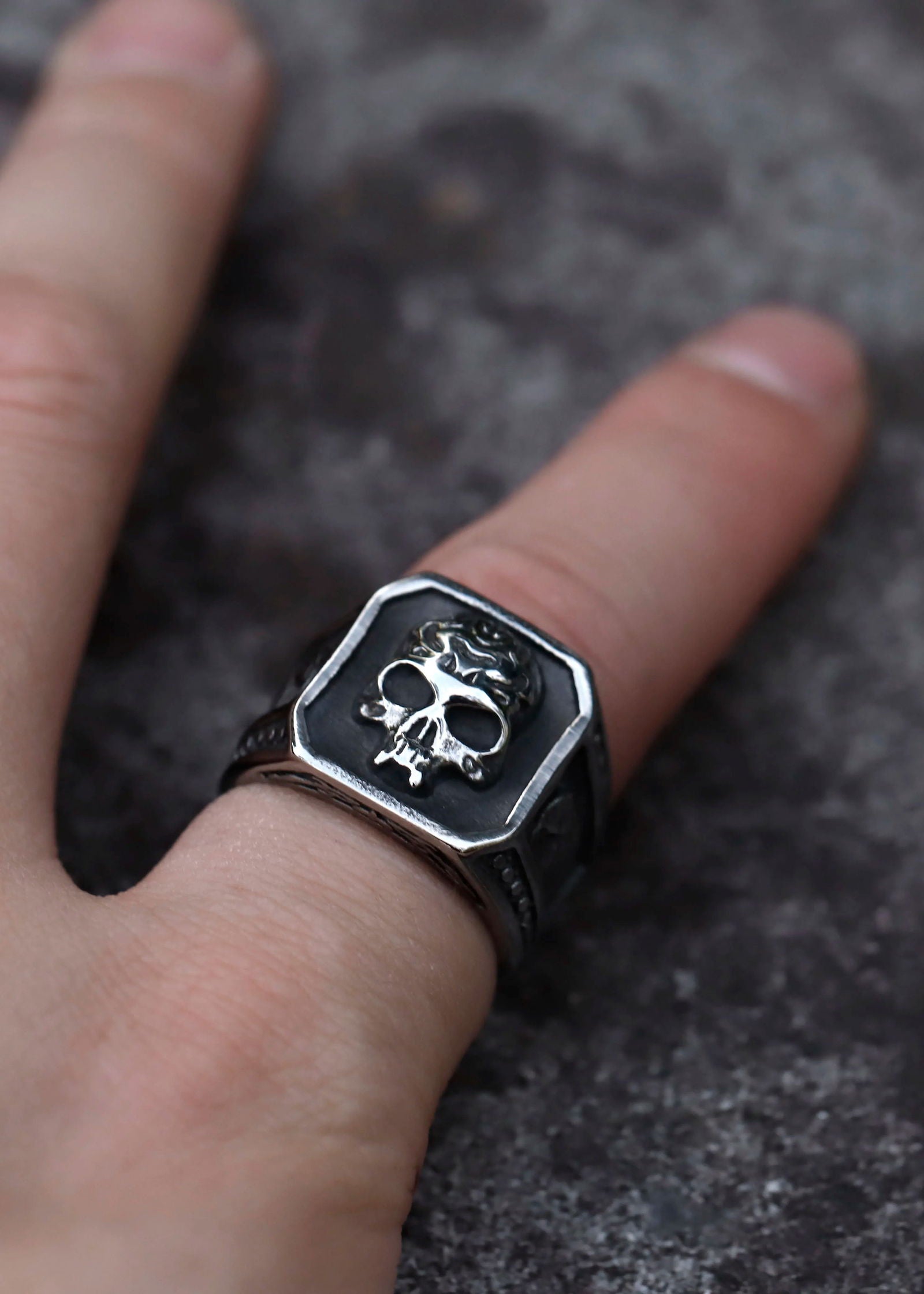 Onyx Black Signet Mens Skull Ring - Stainless Steel Silver - Unisex - That Rock Aesthetic