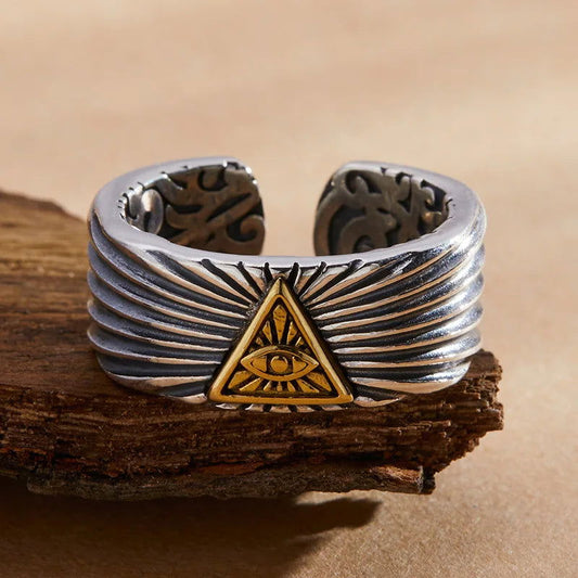 Open All-Seeing Eye of Providence Gold Ring Mens - Illuminati / Eye of God - Triangle Pyramid - Silver & Gold - Unisex - Adjustable - That Rock Aesthetic