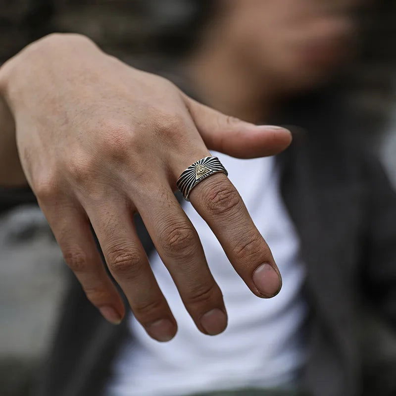 Open All-Seeing Eye of Providence Gold Ring Mens - Illuminati / Eye of God - Triangle Pyramid - Silver & Gold - Unisex - Adjustable - That Rock Aesthetic