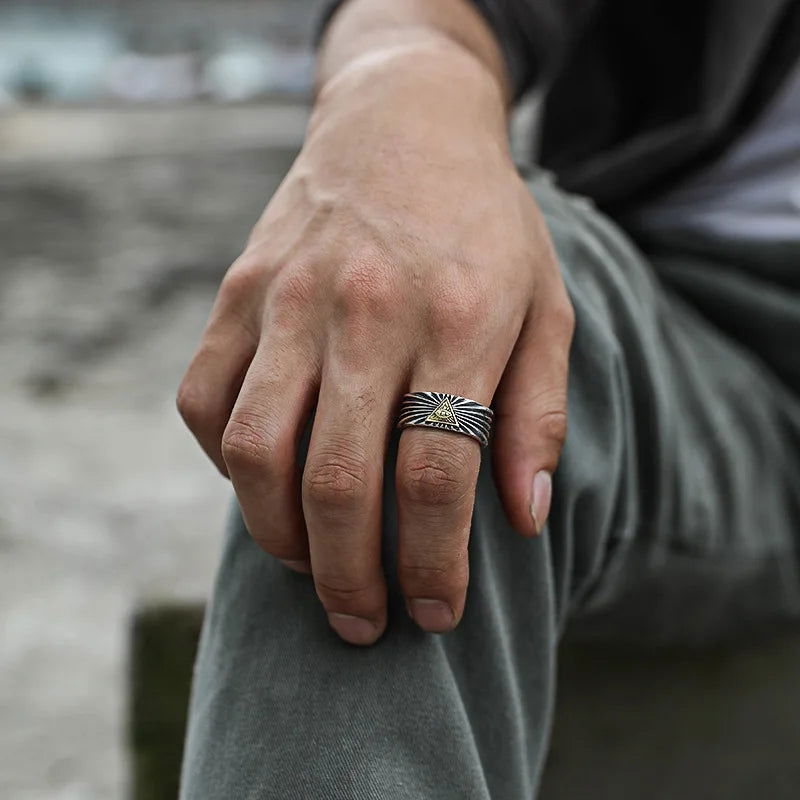 Open All-Seeing Eye of Providence Gold Ring Mens - Illuminati / Eye of God - Triangle Pyramid - Silver & Gold - Unisex - Adjustable - That Rock Aesthetic