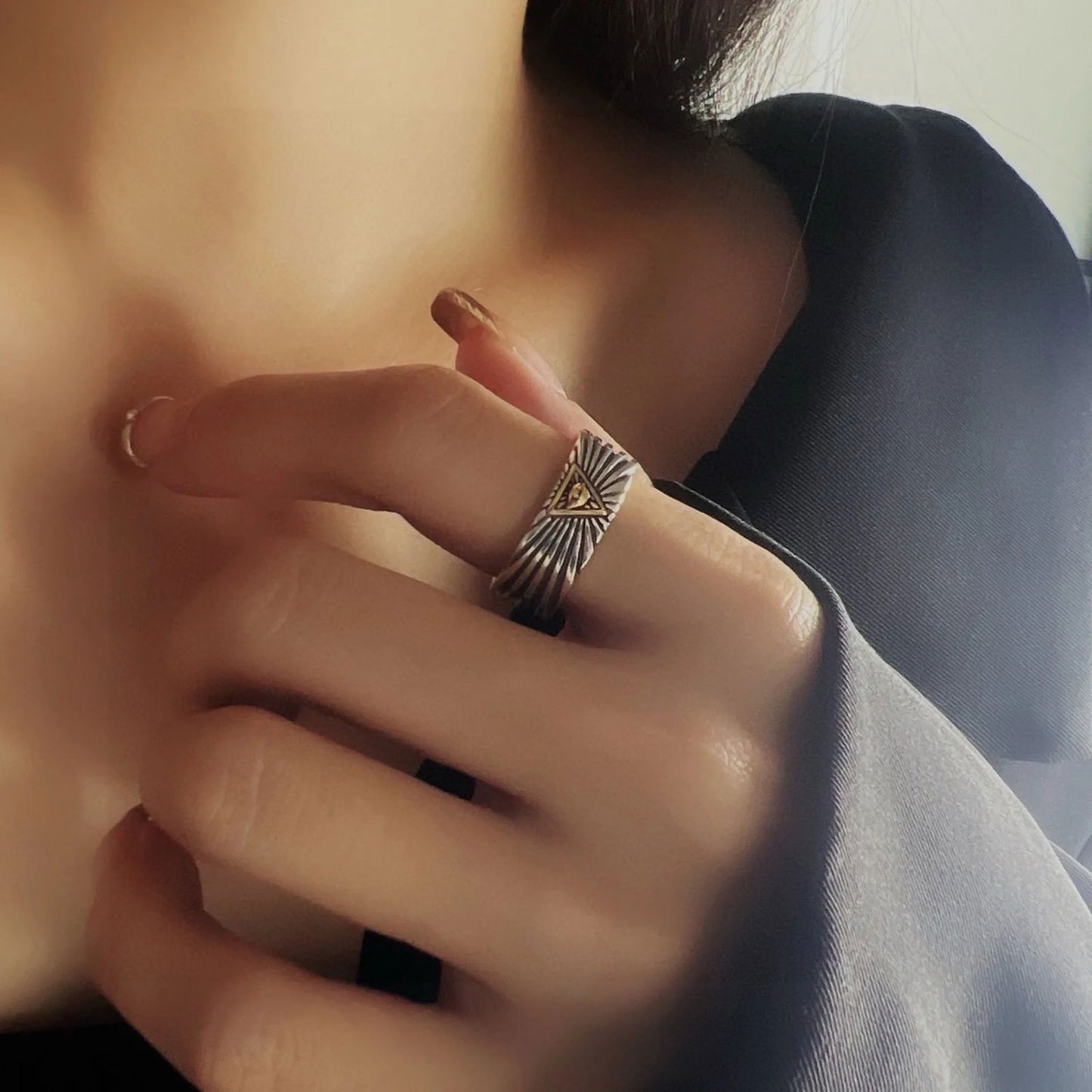 Open All-Seeing Eye of Providence Gold Ring Mens - Illuminati / Eye of God - Triangle Pyramid - Silver & Gold - Unisex - Adjustable - That Rock Aesthetic