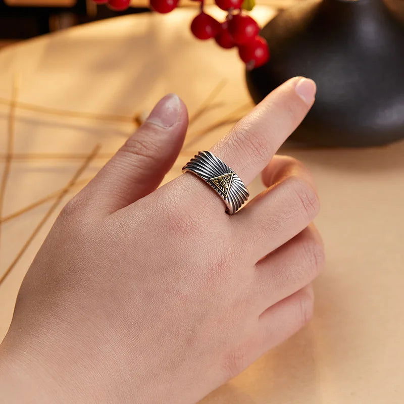 Open All-Seeing Eye of Providence Gold Ring Mens - Illuminati / Eye of God - Triangle Pyramid - Silver & Gold - Unisex - Adjustable - That Rock Aesthetic
