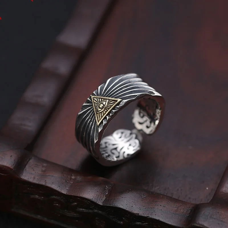 Open All-Seeing Eye of Providence Gold Ring Mens - Illuminati / Eye of God - Triangle Pyramid - Silver & Gold - Unisex - Adjustable - That Rock Aesthetic
