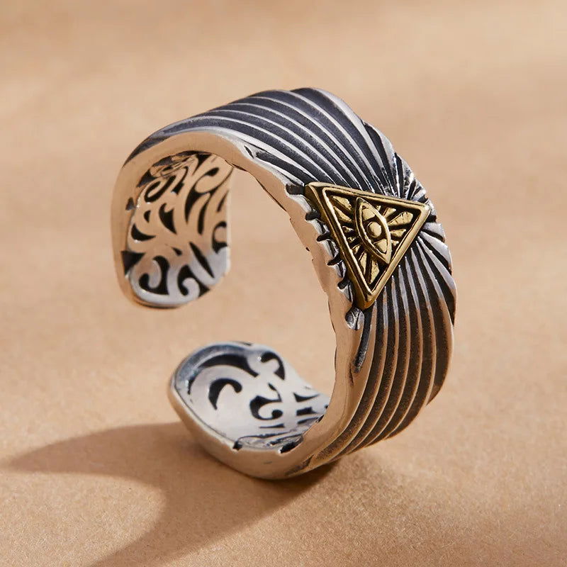 Open All-Seeing Eye of Providence Gold Ring Mens - Illuminati / Eye of God - Triangle Pyramid - Silver & Gold - Unisex - Adjustable - That Rock Aesthetic