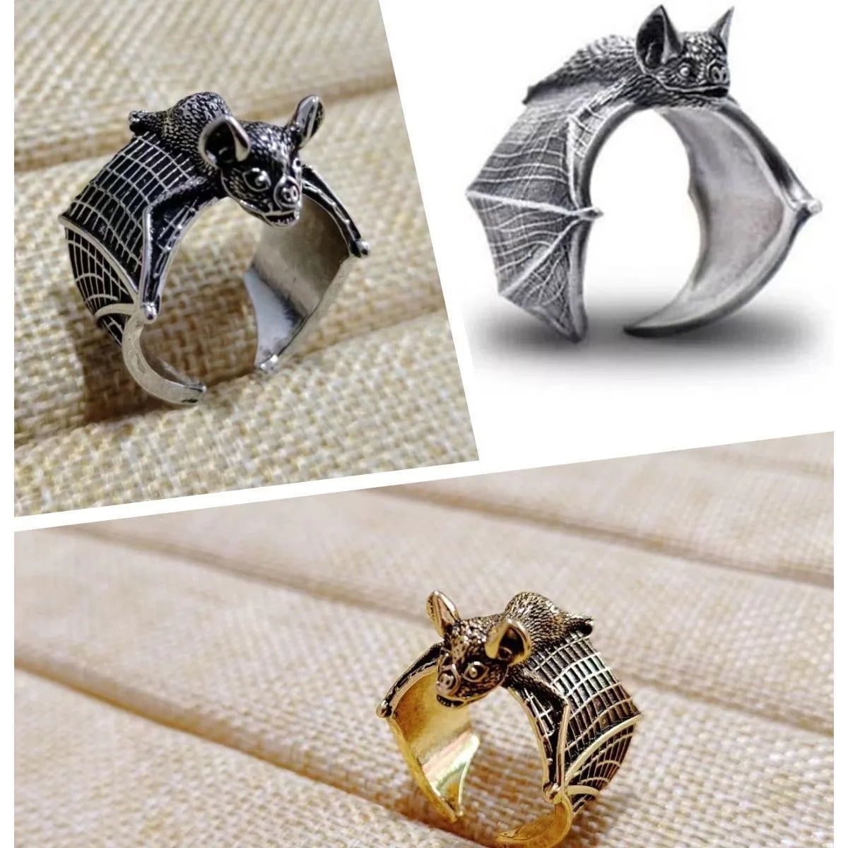Open Bat Ring Mens - Silver, Gold & Black - Unisex - Adjustable - That Rock Aesthetic