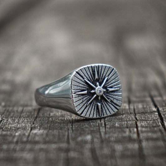 Star Polaris Compass Ring Mens Signet - Stainless Steel Silver - Unisex - That Rock Aesthetic