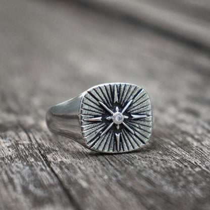 Star Polaris Compass Ring Mens Signet - Stainless Steel Silver - Unisex - That Rock Aesthetic