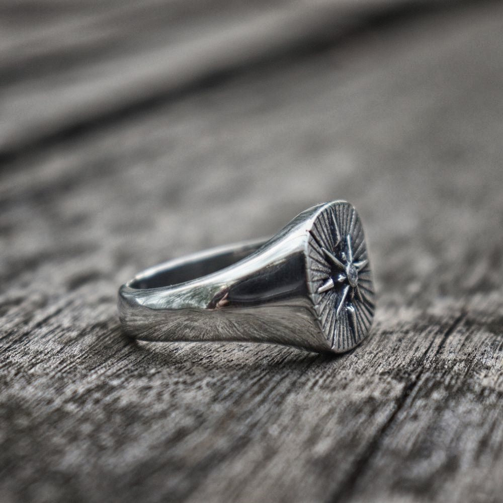 Star Polaris Compass Ring Mens Signet - Stainless Steel Silver - Unisex - That Rock Aesthetic